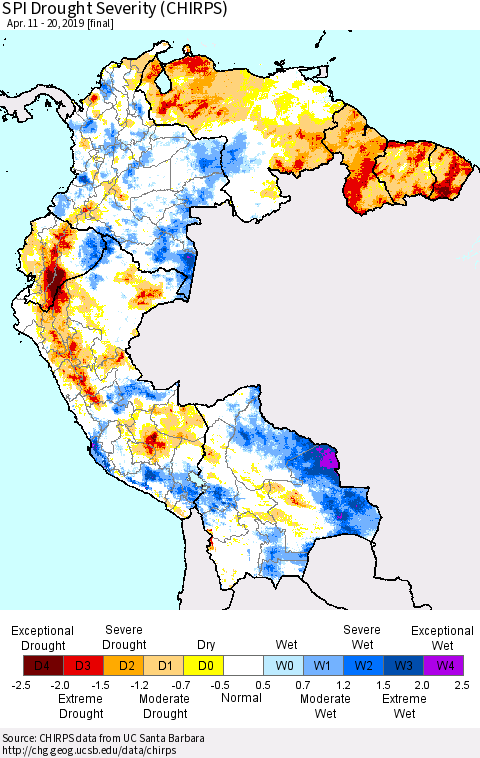 Northern South America SPI Drought Severity (CHIRPS) Thematic Map For 4/11/2019 - 4/20/2019
