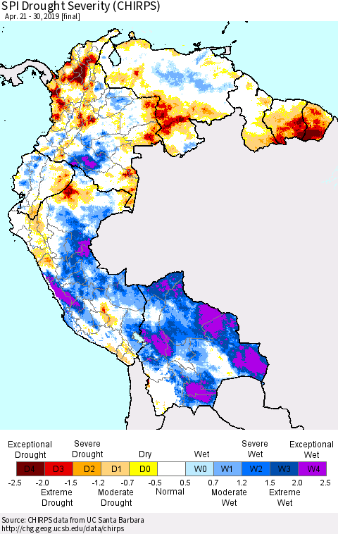 Northern South America SPI Drought Severity (CHIRPS) Thematic Map For 4/21/2019 - 4/30/2019