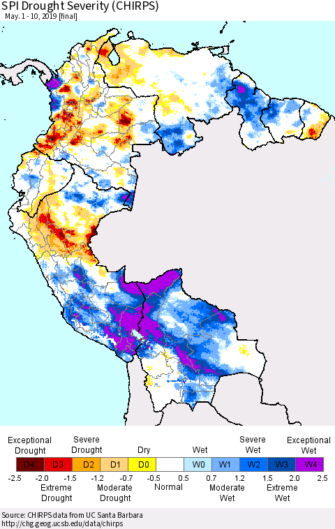 Northern South America SPI Drought Severity (CHIRPS) Thematic Map For 5/1/2019 - 5/10/2019