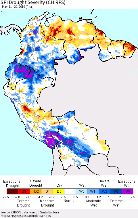 Northern South America SPI Drought Severity (CHIRPS) Thematic Map For 5/11/2019 - 5/20/2019