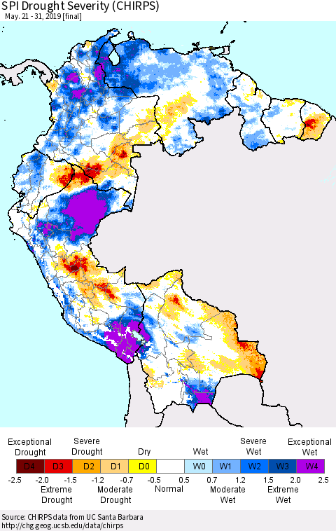 Northern South America SPI Drought Severity (CHIRPS) Thematic Map For 5/21/2019 - 5/31/2019