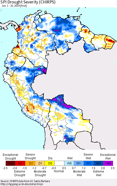 Northern South America SPI Drought Severity (CHIRPS) Thematic Map For 6/1/2019 - 6/10/2019