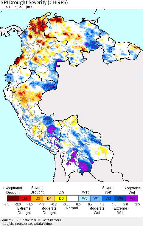 Northern South America SPI Drought Severity (CHIRPS) Thematic Map For 6/11/2019 - 6/20/2019