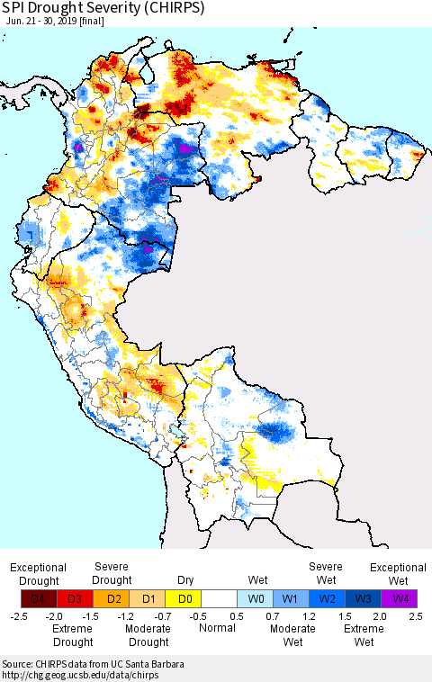 Northern South America SPI Drought Severity (CHIRPS) Thematic Map For 6/21/2019 - 6/30/2019
