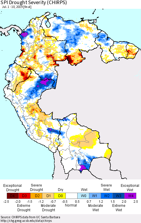 Northern South America SPI Drought Severity (CHIRPS) Thematic Map For 7/1/2019 - 7/10/2019