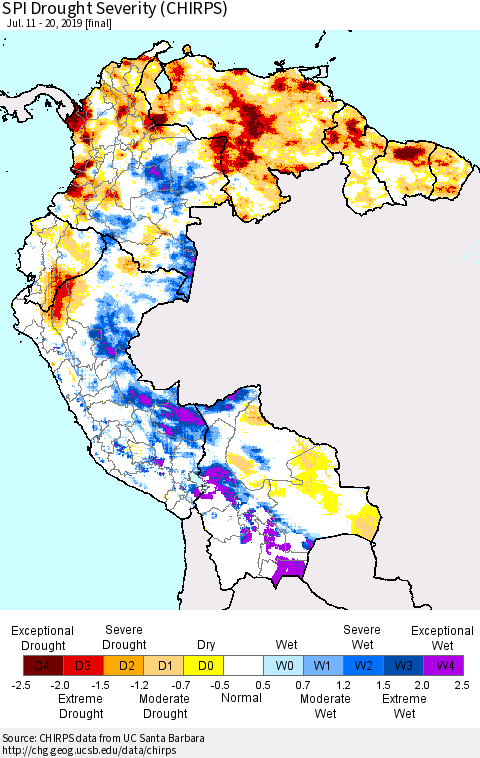 Northern South America SPI Drought Severity (CHIRPS) Thematic Map For 7/11/2019 - 7/20/2019
