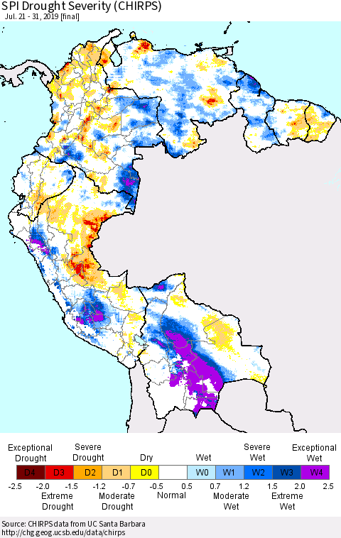 Northern South America SPI Drought Severity (CHIRPS) Thematic Map For 7/21/2019 - 7/31/2019
