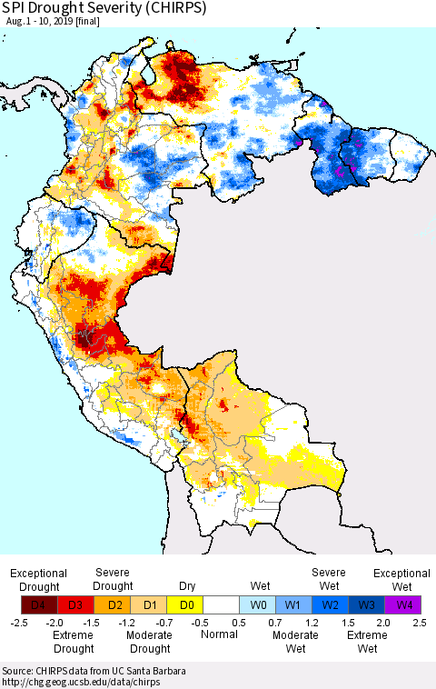 Northern South America SPI Drought Severity (CHIRPS) Thematic Map For 8/1/2019 - 8/10/2019