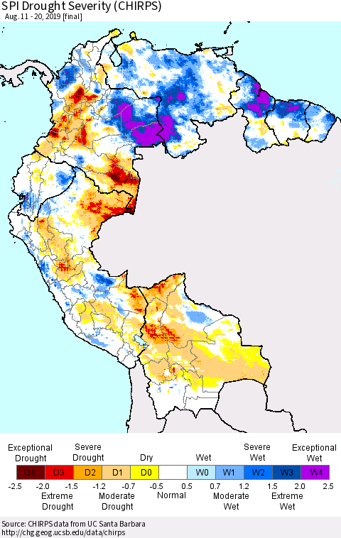 Northern South America SPI Drought Severity (CHIRPS) Thematic Map For 8/11/2019 - 8/20/2019