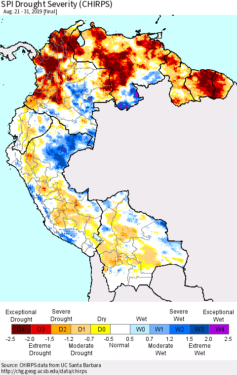 Northern South America SPI Drought Severity (CHIRPS) Thematic Map For 8/21/2019 - 8/31/2019