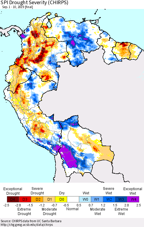 Northern South America SPI Drought Severity (CHIRPS) Thematic Map For 9/1/2019 - 9/10/2019