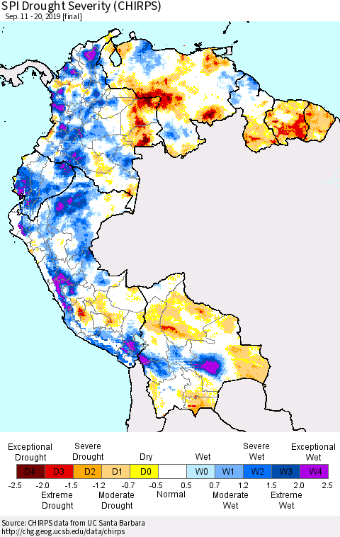 Northern South America SPI Drought Severity (CHIRPS) Thematic Map For 9/11/2019 - 9/20/2019
