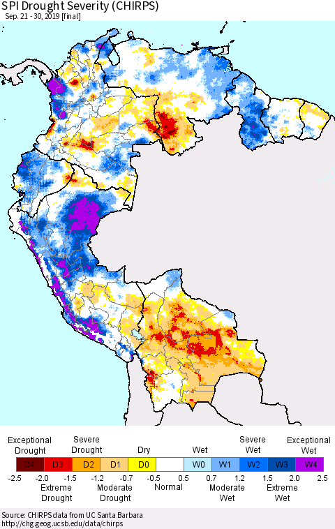 Northern South America SPI Drought Severity (CHIRPS) Thematic Map For 9/21/2019 - 9/30/2019