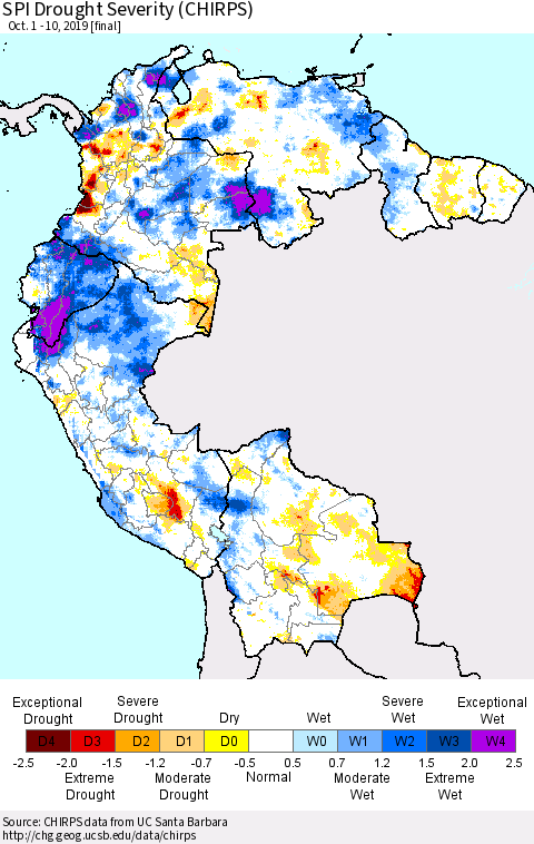 Northern South America SPI Drought Severity (CHIRPS) Thematic Map For 10/1/2019 - 10/10/2019