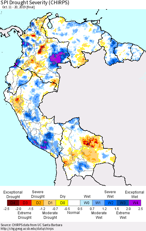 Northern South America SPI Drought Severity (CHIRPS) Thematic Map For 10/11/2019 - 10/20/2019