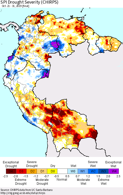 Northern South America SPI Drought Severity (CHIRPS) Thematic Map For 10/21/2019 - 10/31/2019
