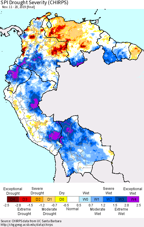 Northern South America SPI Drought Severity (CHIRPS) Thematic Map For 11/11/2019 - 11/20/2019