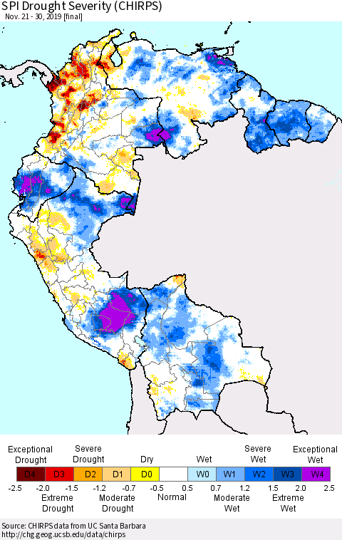 Northern South America SPI Drought Severity (CHIRPS) Thematic Map For 11/21/2019 - 11/30/2019