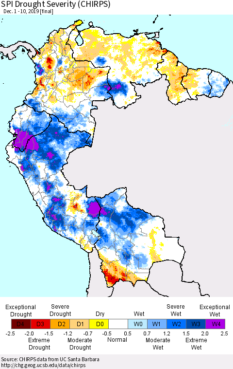 Northern South America SPI Drought Severity (CHIRPS) Thematic Map For 12/1/2019 - 12/10/2019