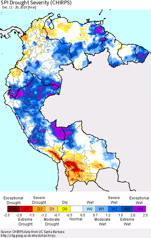 Northern South America SPI Drought Severity (CHIRPS) Thematic Map For 12/11/2019 - 12/20/2019