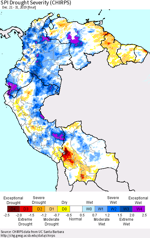 Northern South America SPI Drought Severity (CHIRPS) Thematic Map For 12/21/2019 - 12/31/2019