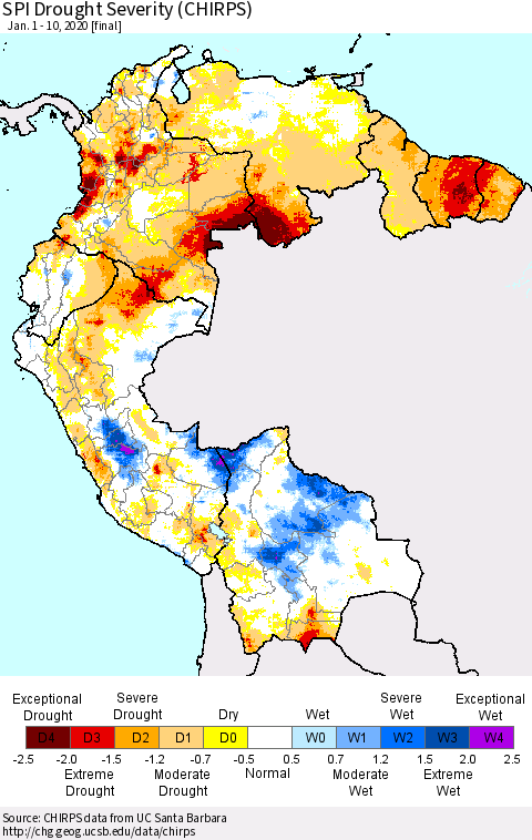 Northern South America SPI Drought Severity (CHIRPS) Thematic Map For 1/1/2020 - 1/10/2020