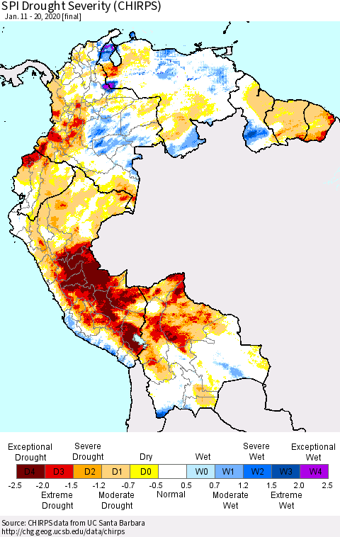 Northern South America SPI Drought Severity (CHIRPS) Thematic Map For 1/11/2020 - 1/20/2020