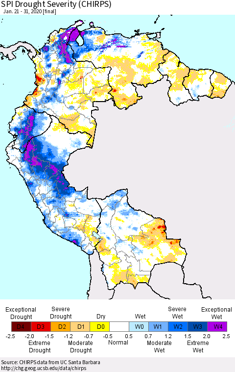 Northern South America SPI Drought Severity (CHIRPS) Thematic Map For 1/21/2020 - 1/31/2020