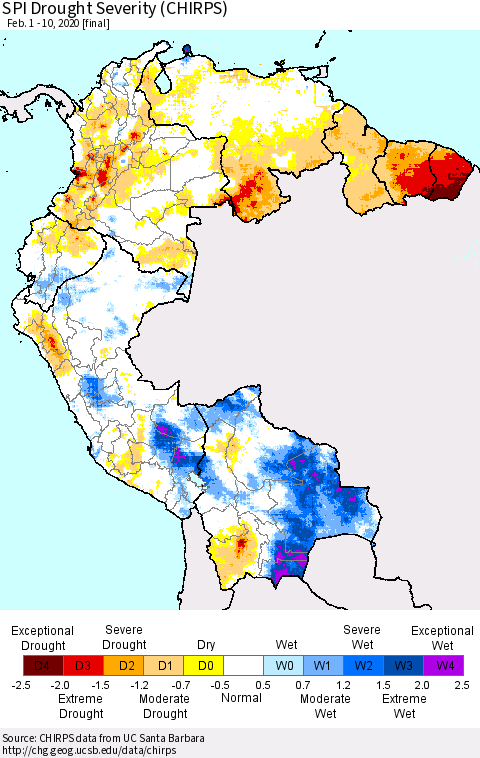 Northern South America SPI Drought Severity (CHIRPS) Thematic Map For 2/1/2020 - 2/10/2020