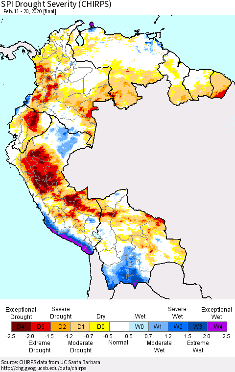 Northern South America SPI Drought Severity (CHIRPS) Thematic Map For 2/11/2020 - 2/20/2020