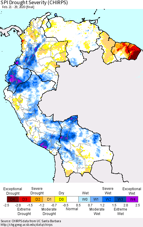 Northern South America SPI Drought Severity (CHIRPS) Thematic Map For 2/21/2020 - 2/29/2020