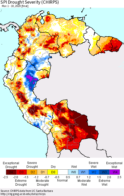 Northern South America SPI Drought Severity (CHIRPS) Thematic Map For 3/1/2020 - 3/10/2020