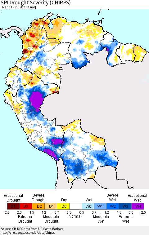 Northern South America SPI Drought Severity (CHIRPS) Thematic Map For 3/11/2020 - 3/20/2020