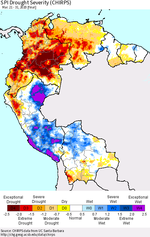 Northern South America SPI Drought Severity (CHIRPS) Thematic Map For 3/21/2020 - 3/31/2020