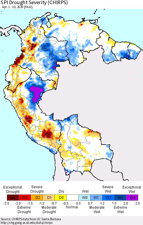Northern South America SPI Drought Severity (CHIRPS) Thematic Map For 4/1/2020 - 4/10/2020