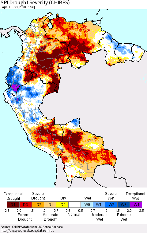 Northern South America SPI Drought Severity (CHIRPS) Thematic Map For 4/11/2020 - 4/20/2020
