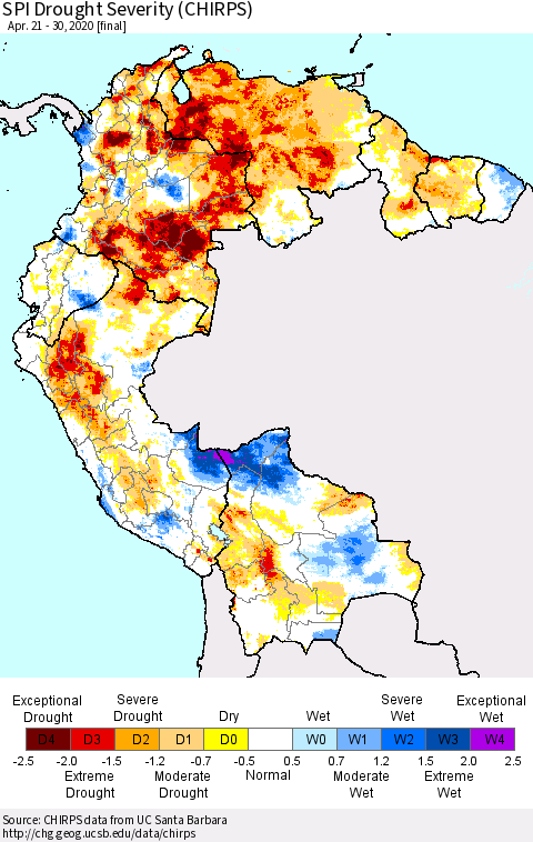 Northern South America SPI Drought Severity (CHIRPS) Thematic Map For 4/21/2020 - 4/30/2020