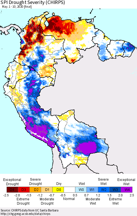 Northern South America SPI Drought Severity (CHIRPS) Thematic Map For 5/1/2020 - 5/10/2020