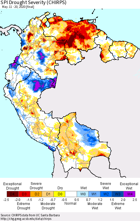 Northern South America SPI Drought Severity (CHIRPS) Thematic Map For 5/11/2020 - 5/20/2020