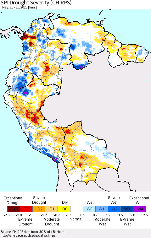 Northern South America SPI Drought Severity (CHIRPS) Thematic Map For 5/21/2020 - 5/31/2020