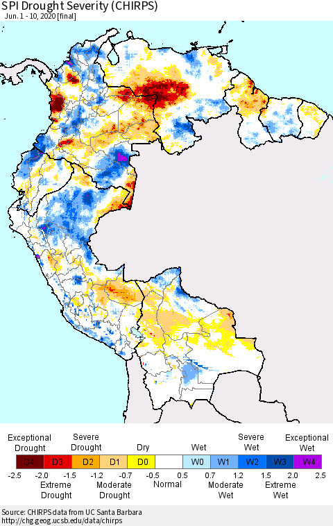 Northern South America SPI Drought Severity (CHIRPS) Thematic Map For 6/1/2020 - 6/10/2020