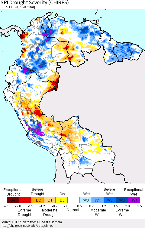 Northern South America SPI Drought Severity (CHIRPS) Thematic Map For 6/11/2020 - 6/20/2020