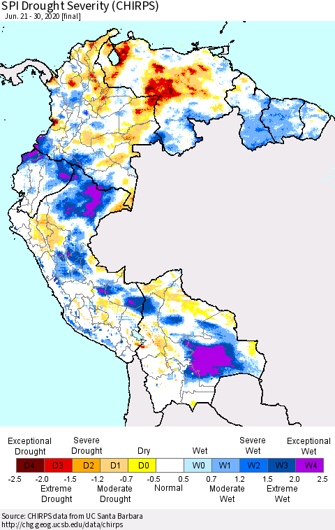 Northern South America SPI Drought Severity (CHIRPS) Thematic Map For 6/21/2020 - 6/30/2020