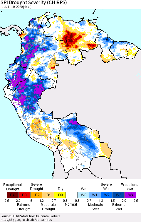 Northern South America SPI Drought Severity (CHIRPS) Thematic Map For 7/1/2020 - 7/10/2020