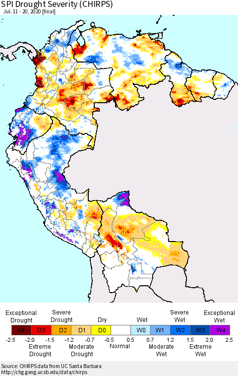 Northern South America SPI Drought Severity (CHIRPS) Thematic Map For 7/11/2020 - 7/20/2020