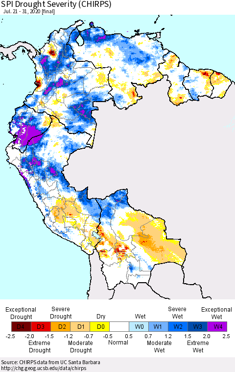 Northern South America SPI Drought Severity (CHIRPS) Thematic Map For 7/21/2020 - 7/31/2020