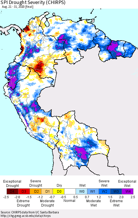 Northern South America SPI Drought Severity (CHIRPS) Thematic Map For 8/21/2020 - 8/31/2020