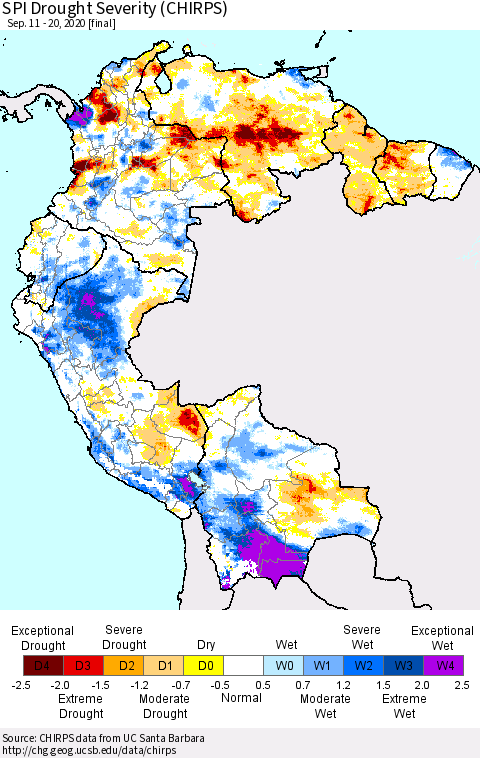 Northern South America SPI Drought Severity (CHIRPS) Thematic Map For 9/11/2020 - 9/20/2020