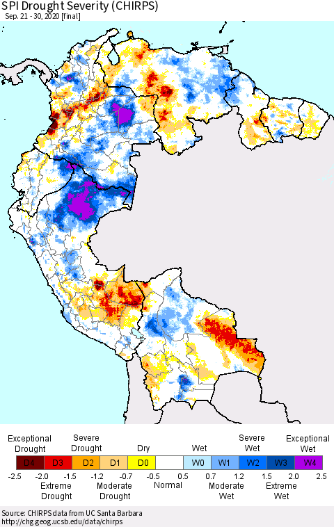 Northern South America SPI Drought Severity (CHIRPS) Thematic Map For 9/21/2020 - 9/30/2020