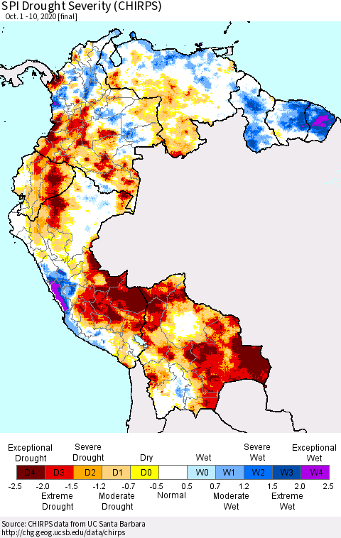 Northern South America SPI Drought Severity (CHIRPS) Thematic Map For 10/1/2020 - 10/10/2020